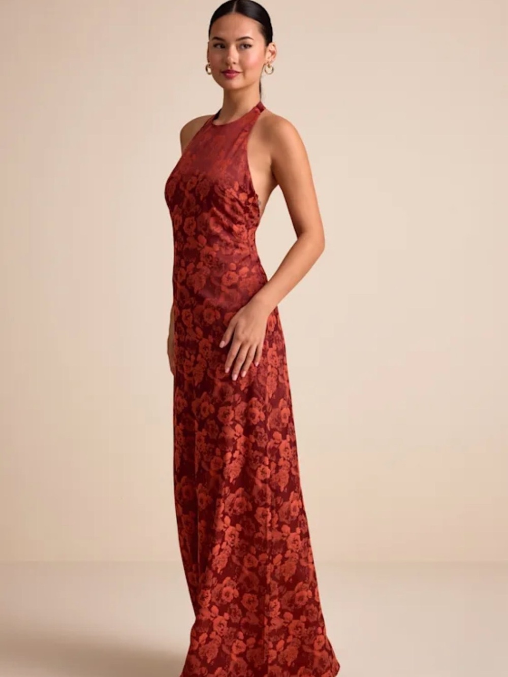 Lulu's Rust Red Floral Halter Maxi Dress